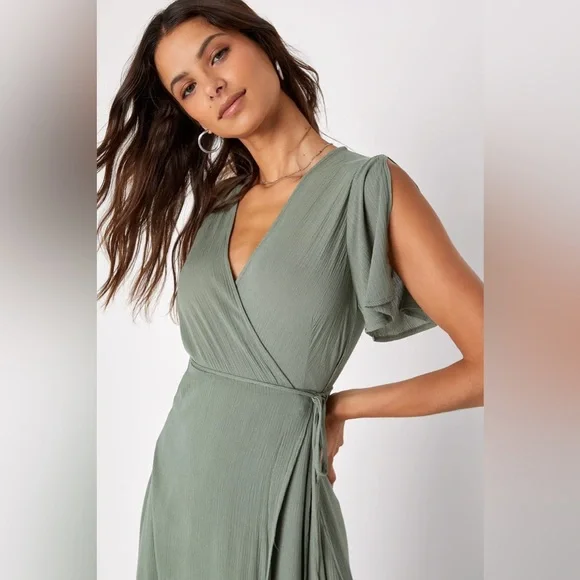 Lulus | Much Obliged Washed Olive Green Wrap Maxi Dress | Size Medium | 100% Rayon